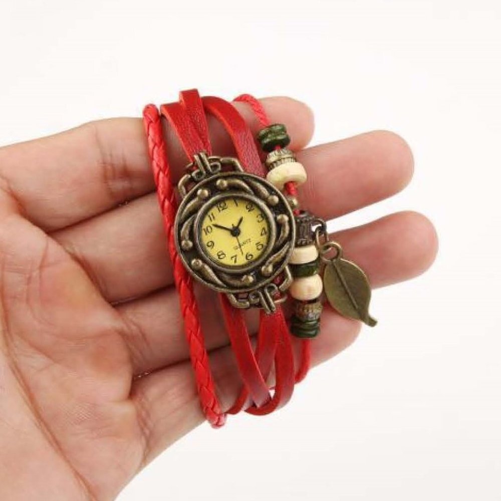 Beaded Bracelet Boho Watch - Leaf Charm - Red